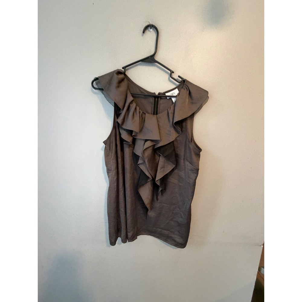 Ann Taylor Loft Womens Large Brown Ruffle Neck Sleeveless Blouse Exposed Zipper